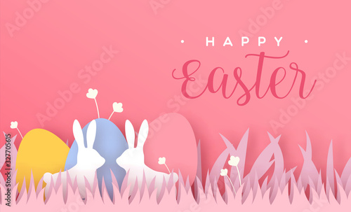 Happy easter paper cut card rabbit eggs in spring