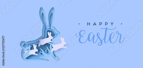 Happy easter paper cut card of rabbit jumping