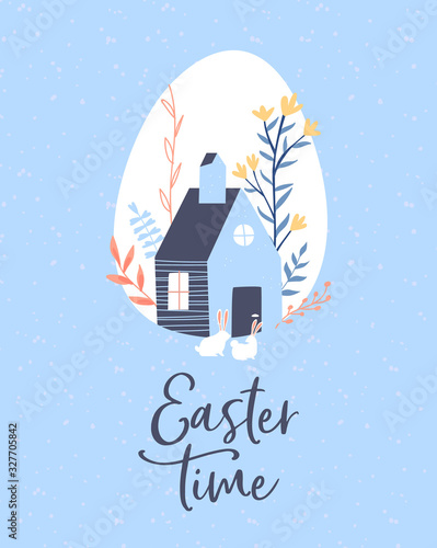 Happy easter card spring farm house with rabbits