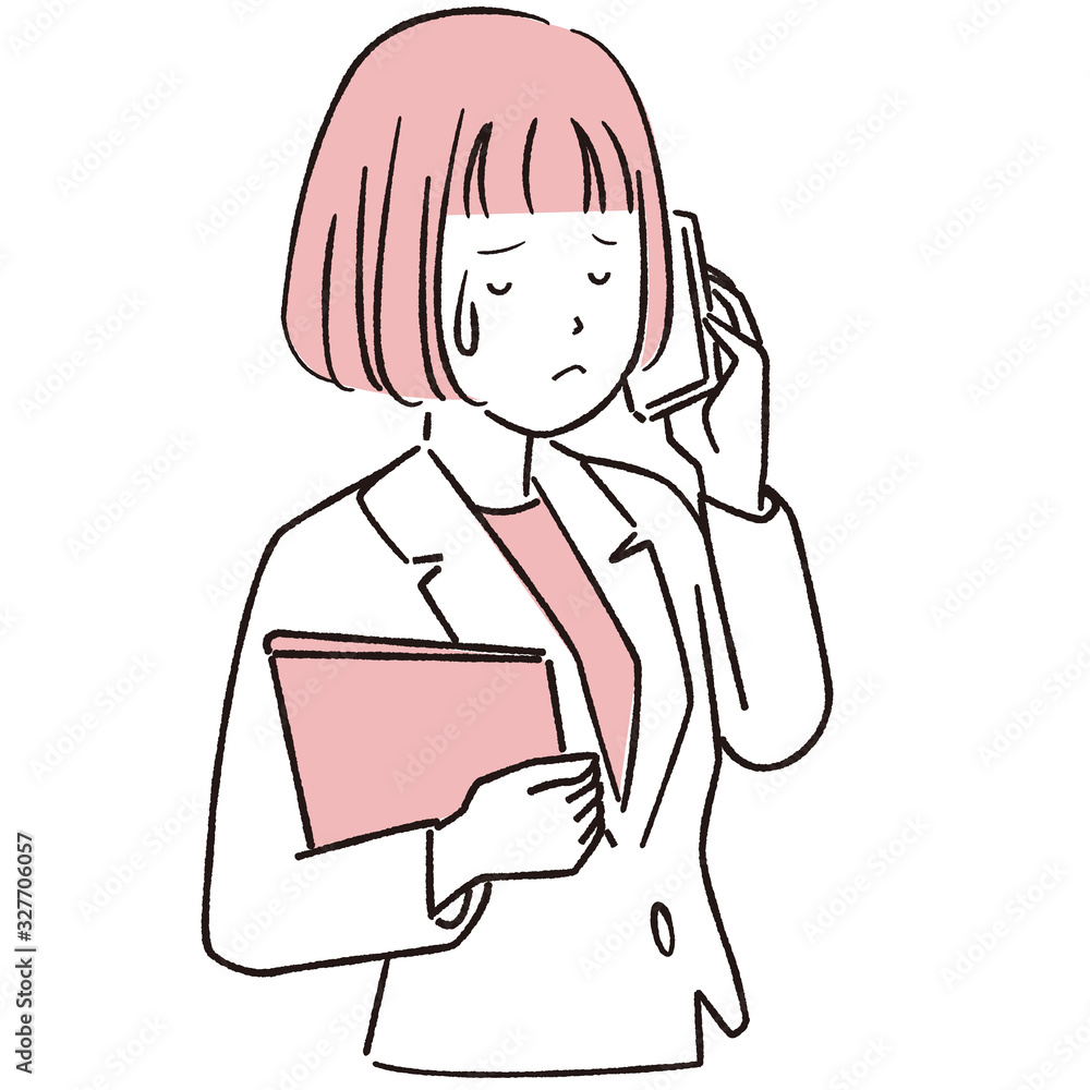 手描き1color  女性 おかっぱ　通話で困る