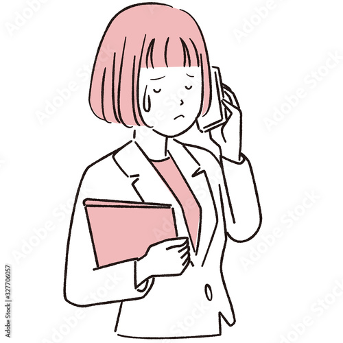 手描き1color  女性 おかっぱ　通話で困る