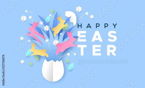 Fototapeta Happy easter paper cut web template of rabbit egg