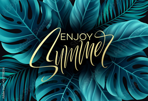 Vector banners with tropical leaves on black background. Exotic botanical design for cosmetics, spa, perfume, beauty salon, travel agency, florist shop. Wedding invitation cards