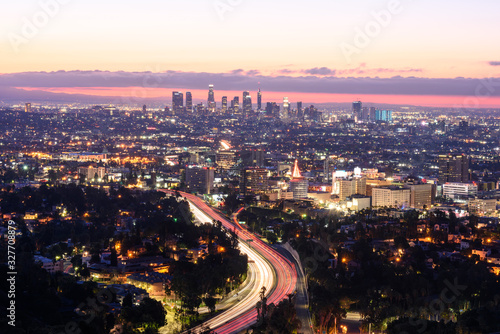 Los Angeles freeway traffic at sunrise