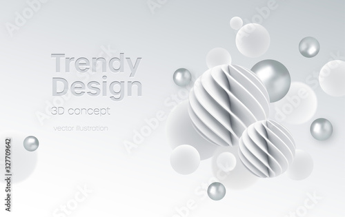Abstract background with realistic white and silver bubblesdynamic 3d spheres. Modern trendy banner or poster design. Vector illustration