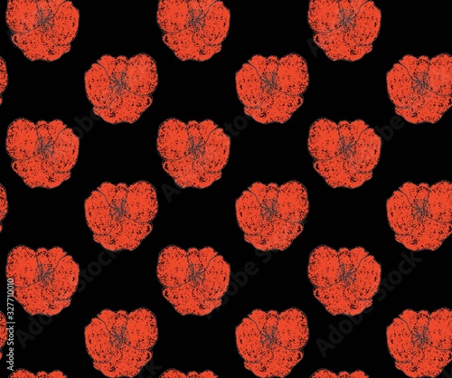 black and red textured abstract botanical poppy florals seamless vector pattern. vintage inspired