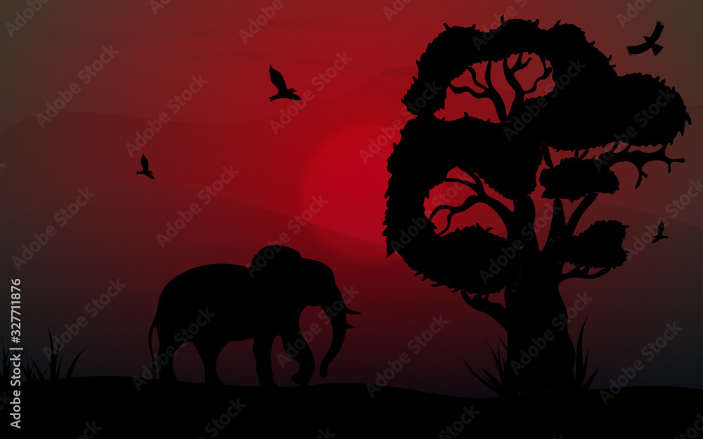 African safari theme with elephant and birds in a beautiful place with a tree, vector illustration.
