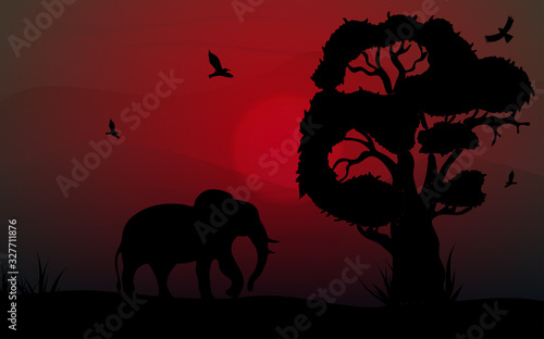 African safari theme with elephant and birds in a beautiful place with a tree  vector illustration.