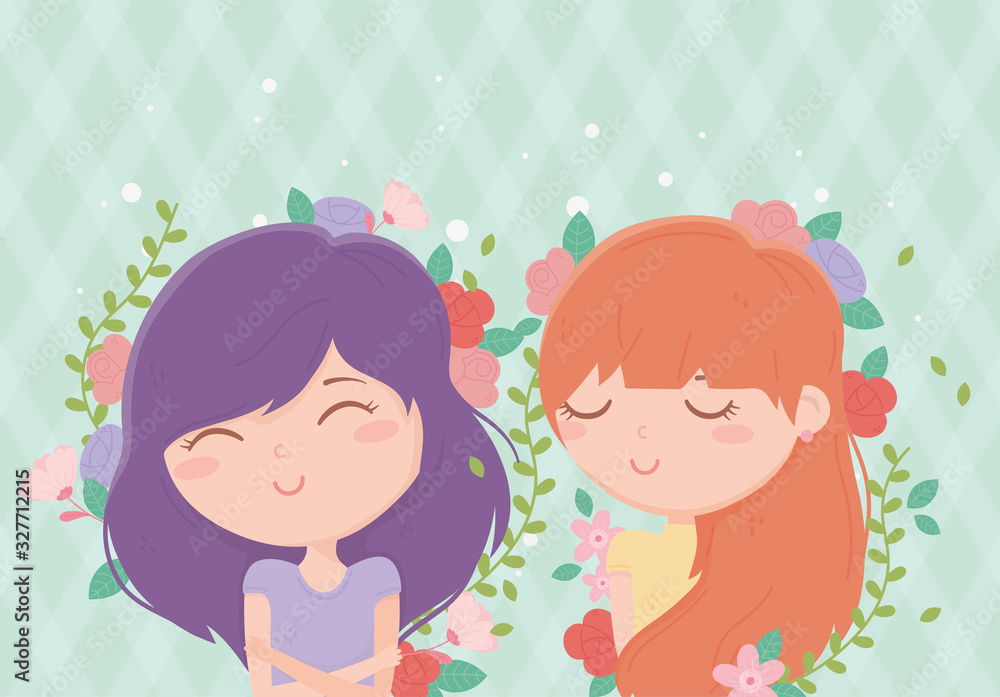 young women flowers around decoration cartoon young women flowers around decoration cartoon