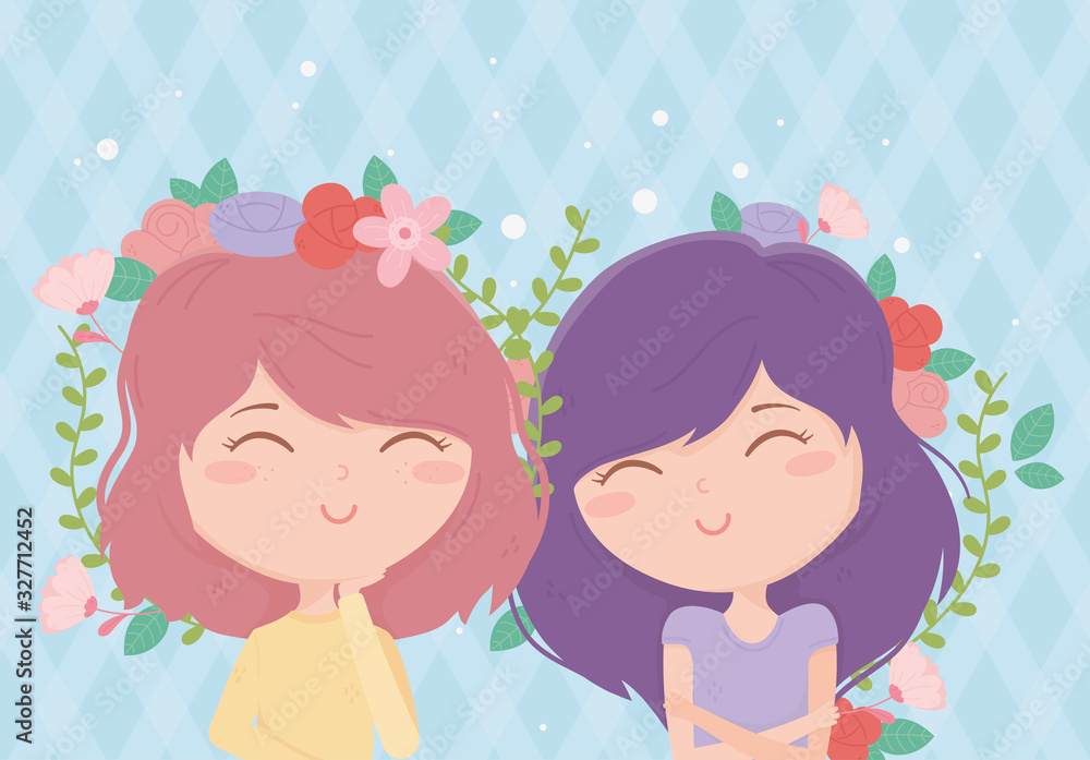 happy women flowers in hair ornament decoration cartoon happy women flowers in hair ornament decoration cartoon