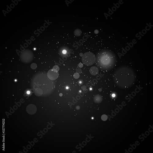 Lights bokeh on a black background. Glares with glowing particles. White light effect. Vector illustration