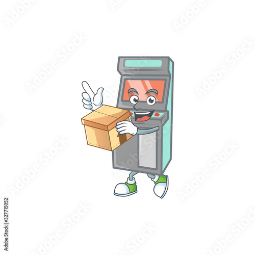 A charming arcade game machine mascot design style having a box