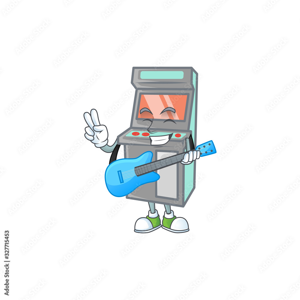 A cartoon character of arcade game machine playing a guitar A cartoon character of arcade game machine playing a guitar
