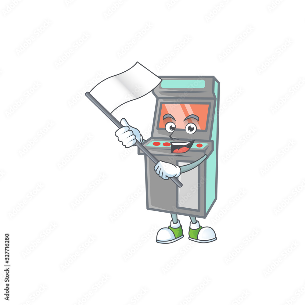 Funny arcade game machine cartoon character design with a flag Funny arcade game machine cartoon character design with a flag