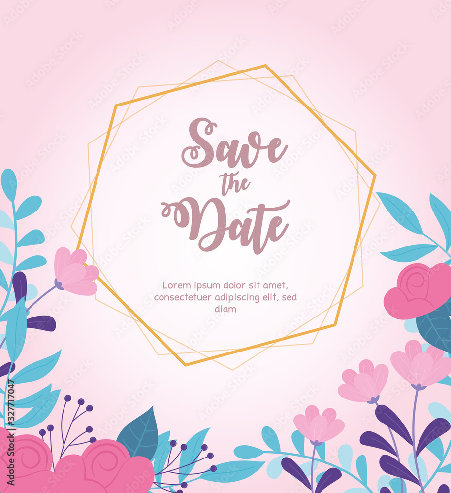 flowers wedding, save the date, border decorative flowers pink background
