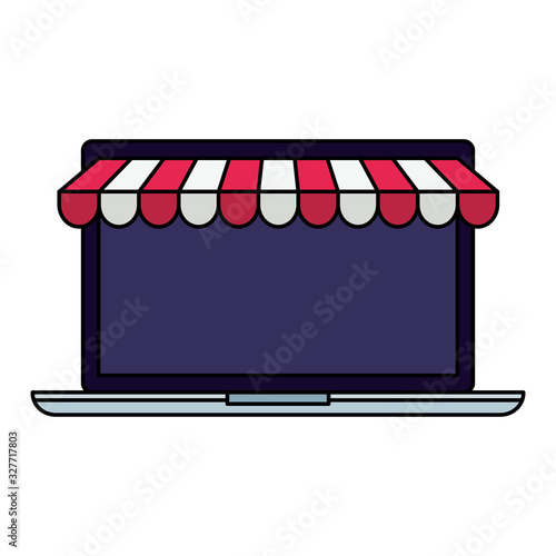 laptop with tent design of Commerce market store shop retail buy paying banking and consumerism theme Vector illustration