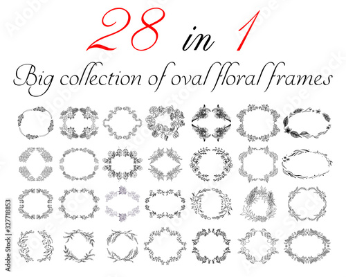 Big collection of 28 oval floral frames. Big floral botanical flowers set isolated on a white background. Hand drawn outline vector collection. Spring blossom