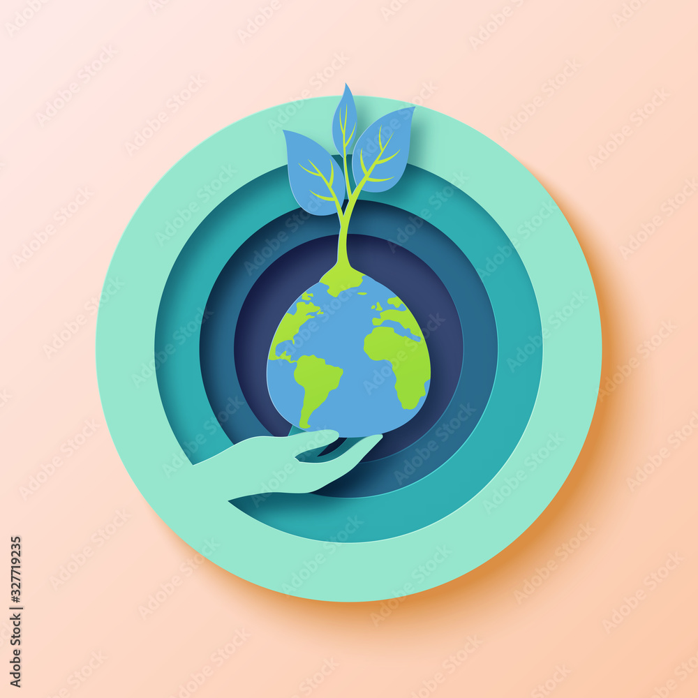 Save the world with human hand holding the earth and growing plant ...