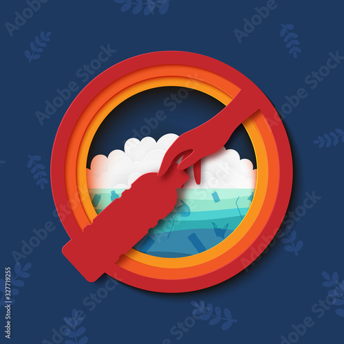 Stop ocean plastic pollution sign paper art style.Ecology and ocean environment concept.Vector illustration.