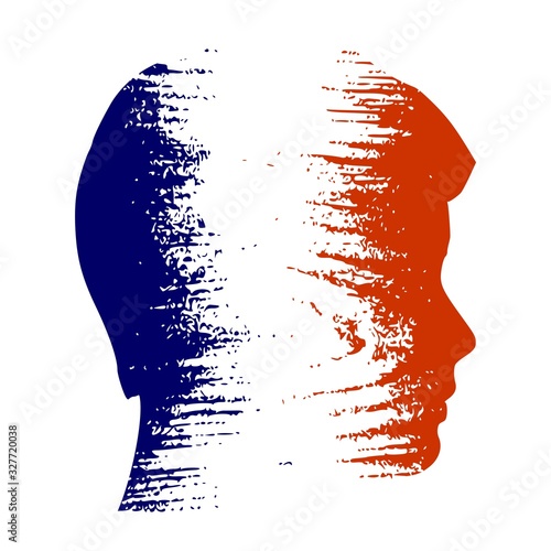 Double exposure portrait of young man. France flag design concept. Flag textured by grungy wood pattern. Image relative to travel and politic themes
