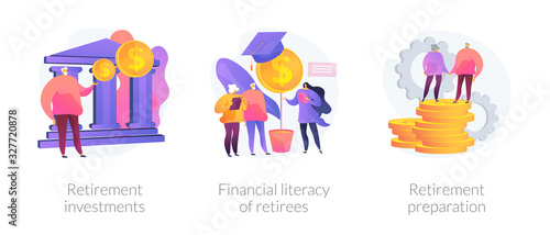 Pension fund, elderly people education, money saving icons set. Retirement investments, financial literacy of retirees, retirement preparation metaphors. Vector isolated concept metaphor illustrations