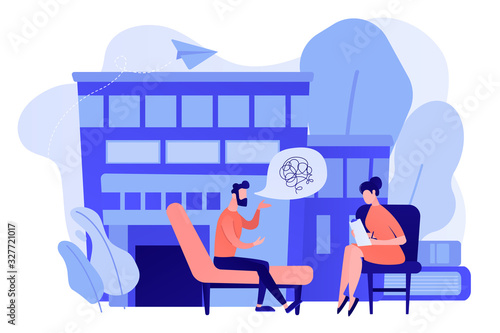 Male patient on coach at psychology consultation talking to psychologist. Psychologist service, private counseling, family psychology concept. Pinkish coral bluevector vector isolated illustration