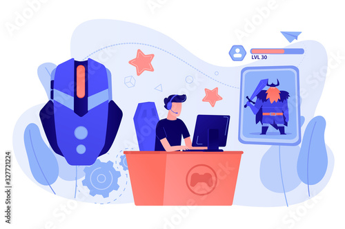 Gamer plays role-playing game online and hero avatar in fantasy world. MMORPG, massive multiplayer game, role-playing online games concept. Pinkish coral bluevector isolated illustration
