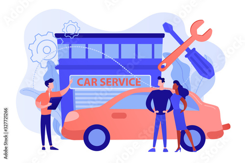 Auto mechanic and business people at car service having their car repaired. Car service, automobile repair shop, vehicle repair service concept. Pinkish coral bluevector isolated illustration