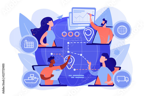 Global distribution, international cargo freight company. Supply chain management, logistics operations control, streamline your logistics concept. Pinkish coral bluevector isolated illustration