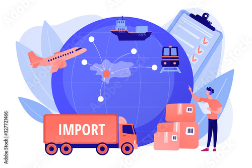 Established international trade routes. Selling goods overseas. Export control, export controlled materials, export licensing services concept. Pinkish coral bluevector isolated illustration