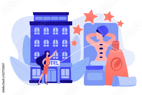 Business woman giving rating stars to hotel with spa and bodywork. Wellness and spa hotel, enjoyable lifestyle, massage and bodywork service concept. Pinkish coral bluevector isolated illustration