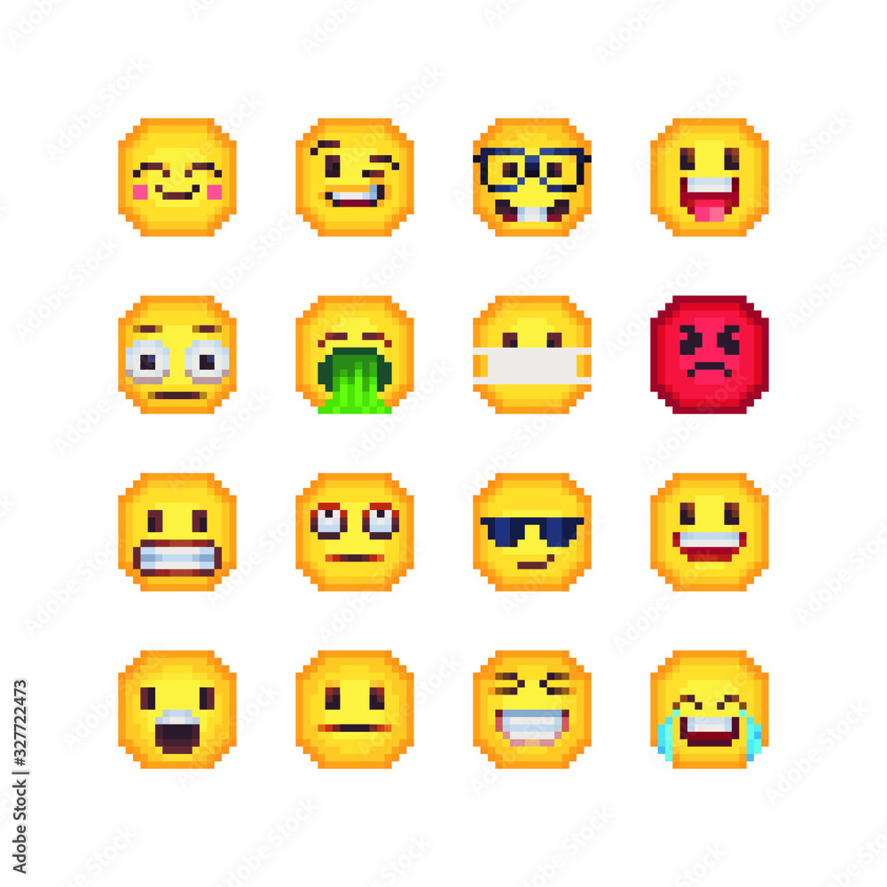 Various emotions cute faces pixel art icon set. Funny cartoon ...