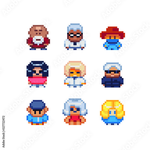 Abstract cute people male and female characters pixel art icons set, design for logo, sticker, web, mobile app, isolated vector illustration. Game assets 8-bit sprite. 