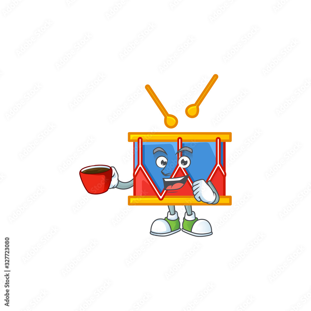 Cool independence day drum cartoon character with a cup of coffee