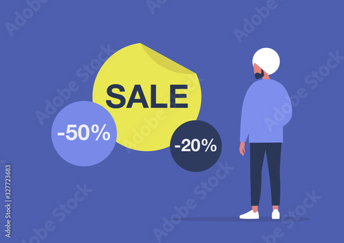 Sale stickers, young indian male character considering a special offer, marketing campaign