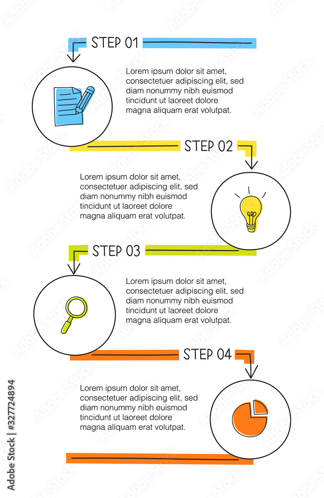 Vertical hand drawn infographic with colourful 4 options can be used for timeline, diagram or workflow Vertical hand drawn infographic with colourful 4 options can be used for timeline, diagram or workflow