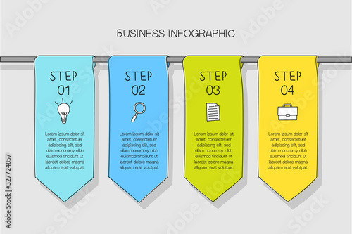 Colourful hand drawn infographic with  4 steps and place for text in hand drawn flags