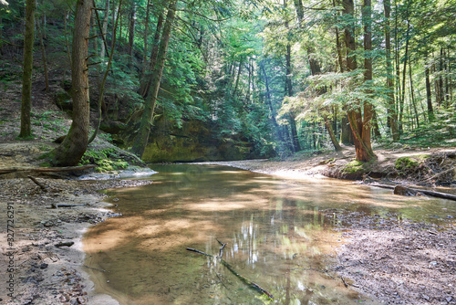 River running through a coniferous forest in Hocking Hills State Park, Ohio. The river is at the bottom of a ravine, lined with rock walls and hemlocks. photo