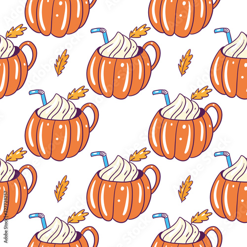 Pumpkin spice latte mug seamless pattern. Hand drawn vector illustration. Isolated on white background. Cartoon style.