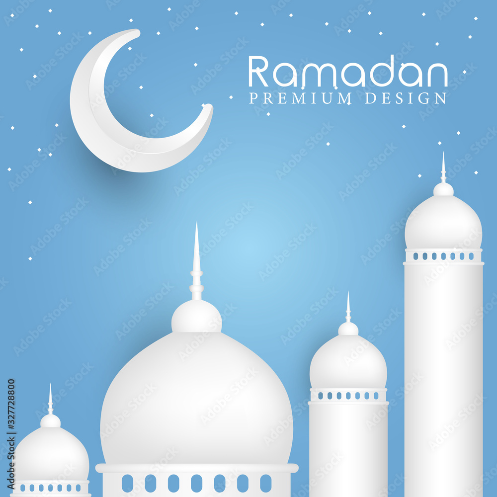 Ramadan Kareem greeting card with 3d cut mosque and crescent moon design background. Vector illustration. Ramadan Kareem greeting card with 3d cut mosque and crescent moon design background. Vector illustration.