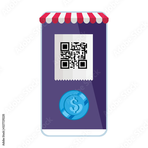 qr code and coin inside smartphone design of technology scan information business price communication barcode digital and data theme Vector illustration