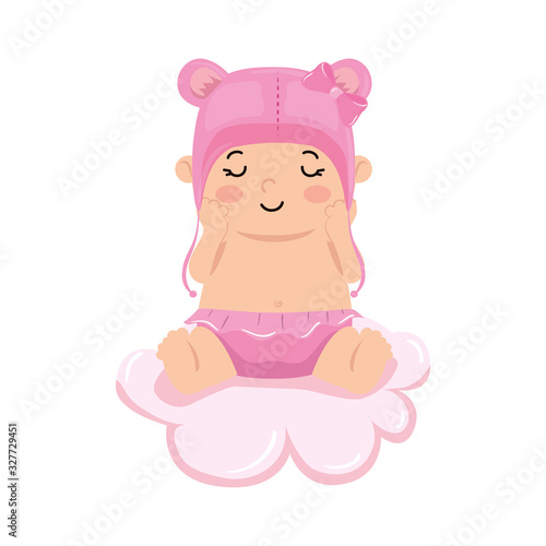 cute baby girl and hat with ears in cloud vector illustration design