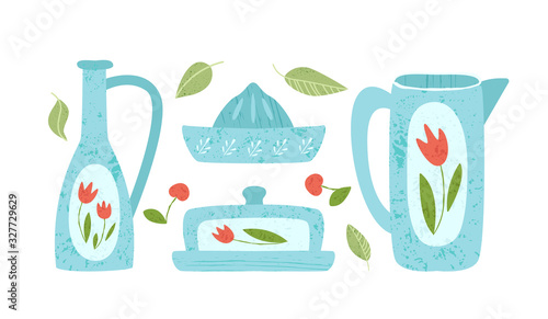 Kitchen utensil, kitchenware design elements - jug, jucer, oilcan, water pot isolated on white. Trendy textures on cartoon kitchen items. Ceramic tableware flat hand drawn vector set provencal style
