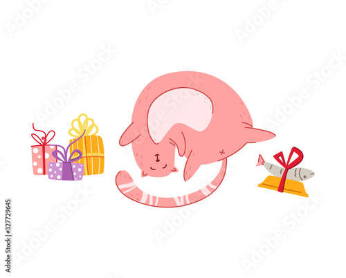 Cats birthday party greeting card - funny pink kitten with tasty fish in his bowl and gift boxes, cute vector isolated cartoon flat character on white background for card, poster, clothes print