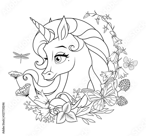 Cute magic unicorn surrounded with flowers and butterflies. Coloring page vector illustration.