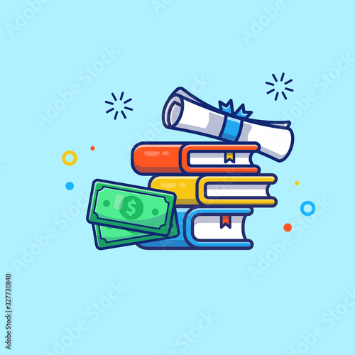 Scholarship Vector Icon Illustration. Diploma, Book, And Money. Education Icon Concept White Isolated. Flat Cartoon Style Suitable for Web Landing Page, Banner, Flyer, Sticker, Card, Background