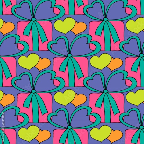 Valentine's day seamless pattern with hearts and gifts. Beautiful abstract pattern with Valentine's day seamless pattern for decorative design. Logo element for wedding illustration. Vintage design.
