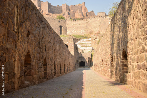 Old Historical Golconda Fort Corridor in India Background stock photograph