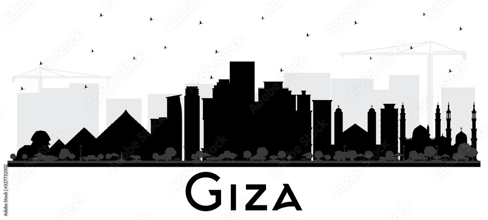 Giza Egypt City Skyline Silhouette with Black Buildings Isolated on White.