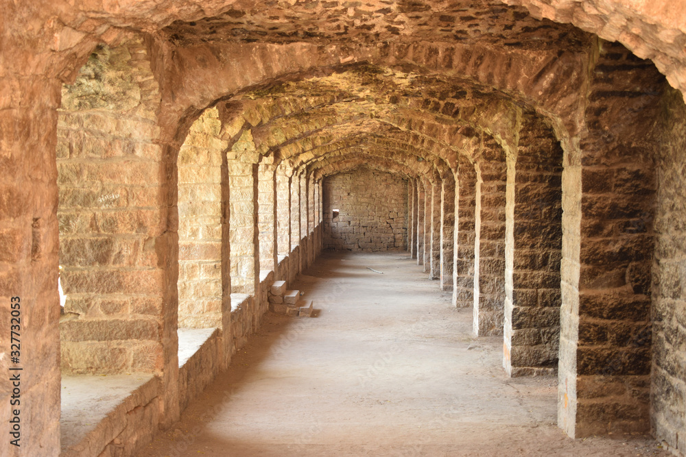 Old Historical Golconda Fort Corridor in India Background stock photograph